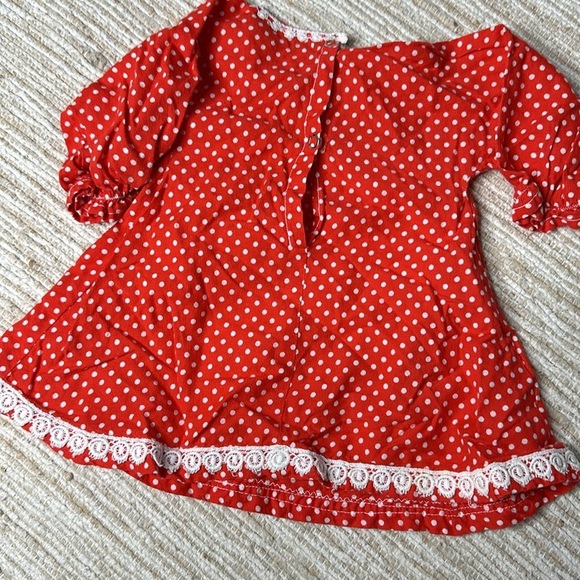 0-3m Vintage baby girl polka dot white&red long sleeve dress with lace trim - Picture 5 of 8